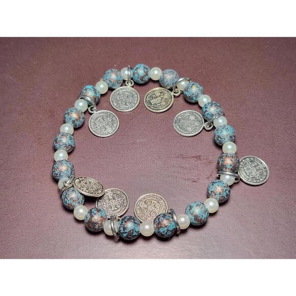 Jewelry - Vintage Costume Jewelry Stretch Bracelet pearl paua turquoise beads & coins
